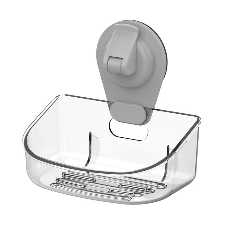 Suction Cup Sponge/Soap Dish Holder, Clear Plastic Wall Mounted Organizer with Drainage Tray, Strong Adhesive, No Tools Necessary