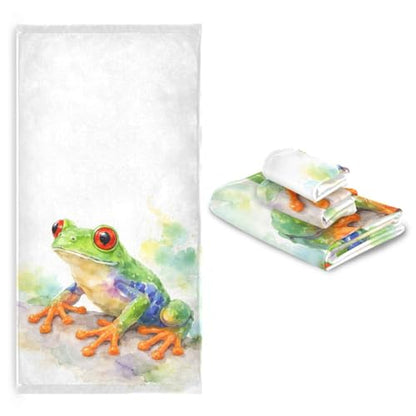 ALAZA Towel Bathroom Sets, Watercolor Red Eyed Green Frog Towels 3-Piece 1 Bath Towel 1 Washcloth 1 Hand Towel, Bath Towel Set of 3 Soft Multifuntion for Home Kitchen Hotel Gym Swim Spa - color: Multi03