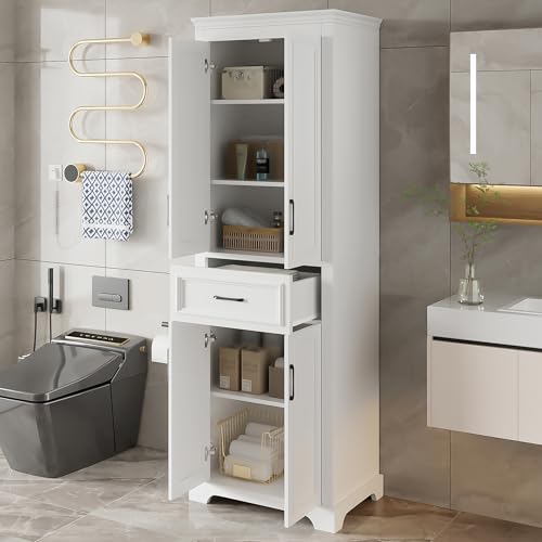 JIJIWANG 70.8" H Modern Wood Tall Bathroom Storage Cabinet, White Freestanding Linen Tower with Soft-Close Doors, Drawer, Adjustable Shelves, Anti-Tip Design, for Master Bathroom