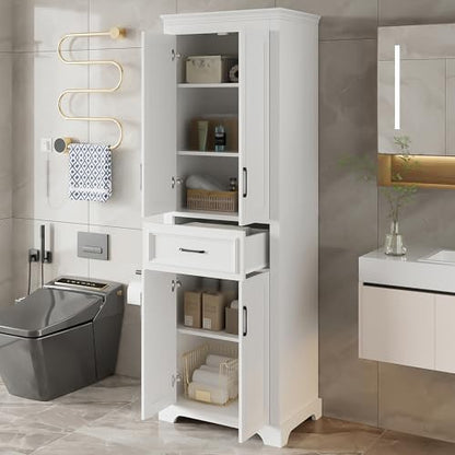 JIJIWANG 70.8" H Modern Wood Tall Bathroom Storage Cabinet, White Freestanding Linen Tower with Soft-Close Doors, Drawer, Adjustable Shelves, Anti-Tip Design, for Master Bathroom