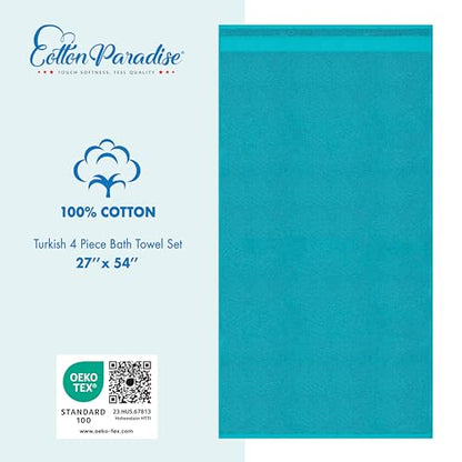 Cotton Paradise 100% Cotton Turkish Towel Set, Soft Absorbent Quick Dry, 4 Piece Bath Towel Set, Ocean Aqua - color: Ocean Aqua, size: 27"x54"