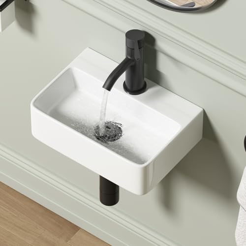 Wall Hung Bathroom Vessel Sink, QISHKA 14.5" X 10" Rectangular Floating Ceramic Wash Hand Basin White Wall Mount Vanity Sink for Small Bathroom and Small Cloakroom - size: 14.5" x 10" x 4.3"