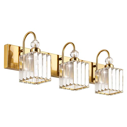 Ralbay Modern Gold Crystal Vanity Lights for Bathroom 3-Lights Crystal Vanity Lights Over Mirror Modern Crystal Gold Bathroom wall Lighting Fixtures - color: Square-Gold, size: 3-light