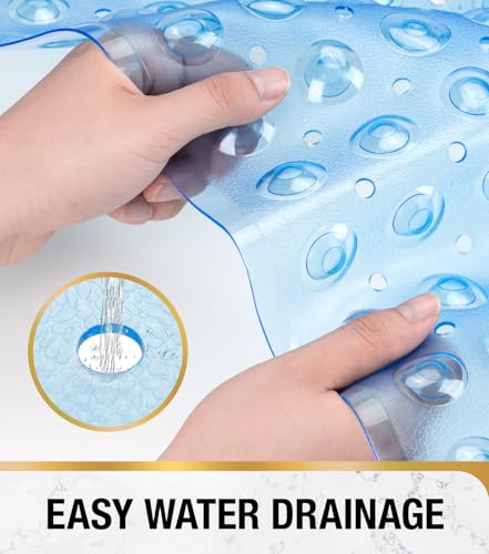 HITSLAM Square Shower Mat, Non Slip PVC Stall Mat, 24"x24", Blue | Power Grip Suction Cups, Center Drain Hole, Built-In Hanging Holes, Machine Washable Bathroom Floor Mat, Soft On Feet - color: Clear Blue