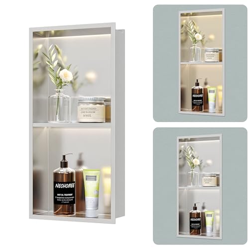 Brushed 2-Tier 3 CCT LED Niche, 12"x24" No-Tile Shower Storage | shower niche with 3-Temperature LED Strip Light (4000K/6000K/3000K),Waterproof, Sturdy&Durable,304 Stainless Steel Wall Niche - color: Brushed, size: 12X24In
