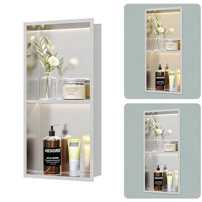 Brushed 2-Tier 3 CCT LED Niche, 12"x24" No-Tile Shower Storage | shower niche with 3-Temperature LED Strip Light (4000K/6000K/3000K),Waterproof, Sturdy&Durable,304 Stainless Steel Wall Niche - color: Brushed, size: 12X24In