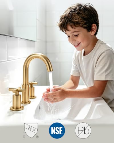 gotonovo 3 Hole Bathroom Faucet 8 inch Widespread Sink Vanity Faucet for Bathroom Sink 2 Cross Handle Deck Mount Basin with Pop Up Drain 360° Swivel Spout Brushed Gold - color: Brushed Gold