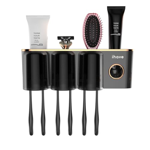 iHave Toothbrush Holders for Bathrooms Wall Mounted with Dispenser & 3 Cups | 9 Slots Wall Mount Toothbrush Holders for Bathrooms with Squeeze Toothpaste Dispenser, 3 Cups & 3 Compartments Organizer - color: Black 3 Cups