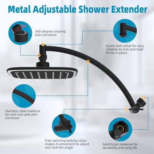 Rain Shower Head with 12" Metal Extension Arm, 10" High-Pressure Showerhead | Matte Black, Boosting Rainfall/Fixed Showerhead, Shower Head Extender Adjustable Height/Angle, 1-Min Easy to Install - color: Matte Black, size: 12 Inch