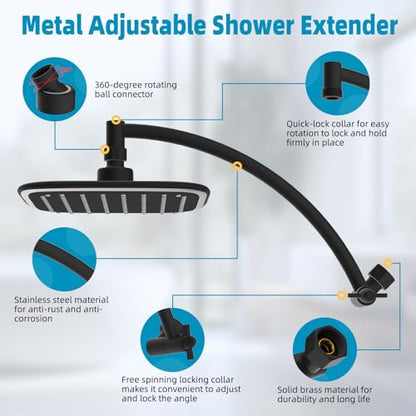 Rain Shower Head with 12" Metal Extension Arm, 10" High-Pressure Showerhead | Matte Black, Boosting Rainfall/Fixed Showerhead, Shower Head Extender Adjustable Height/Angle, 1-Min Easy to Install - color: Matte Black, size: 12 Inch