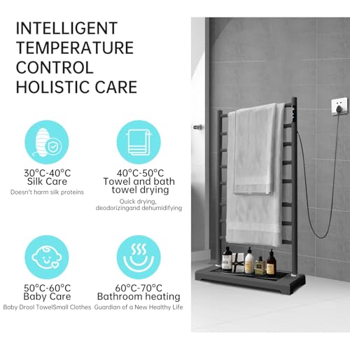 Freestanding Heated Towel Rack with Heavy Marble Base, 8-Bar Heating Towel Rack Adjustable Temperature 115-155°F with Timer and LED Display Clothes Drying Rack for Bathroom (Grey)
