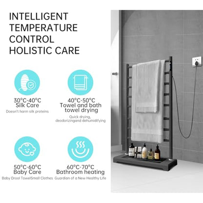 Freestanding Heated Towel Rack with Heavy Marble Base, 8-Bar Heating Towel Rack Adjustable Temperature 115-155°F with Timer and LED Display Clothes Drying Rack for Bathroom (Grey)