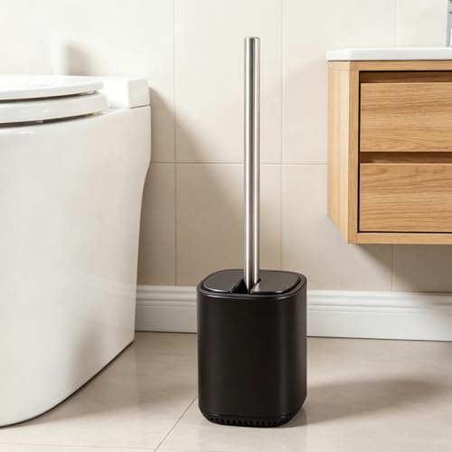 Toilet Brush and Holder Set Toilet Bowl Brush Stainless Steel Automatic Open lid Toilet Bowl Cleaner Brush Set Toilet Scrubber Kit Toilet Cleaning Brush for Bathroom - color: Black