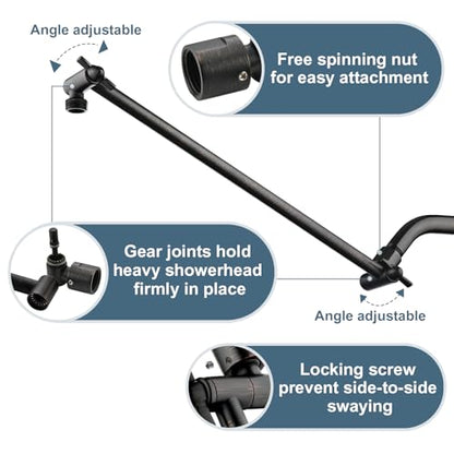 BRIGHT SHOWERS 15 Inch Extra Long Shower Head Extension Arm, Solid Brass Shower Arm Extender with Locking Screw for Rain and Handheld Showerhead, Height & Angle Adjustable, Oil-Rubbed Bronze - color: Oil Rubbed Bronze, style: 15 Inch