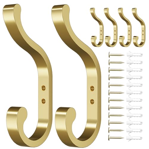 Coat Hooks Wall Mount,Heavy Duty Wall Hooks for Backpack,Towel,Gold 6 Pack | Large Coat Hangers Holds 30LB, Metal Screw-In Hooks for Door, Closet, Bathroom, Clothes, Purse, Bag, Jacket, Robe - color: Gold, size: 6 Pack