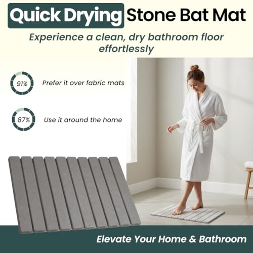 Extra Long Foldable Stone Bath Mat 32 x 15 - Diatomaceous Earth Shower Mat, Non-Slip Quick-Dry Stone Bath Mats for Bathroom, Super Absorbent, Compact Design, Easy to Clean, Dark Gray | Super absorbent surface, easy-care finish, includes non-slip pad, bath