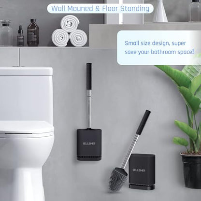 Silicone Toilet Brush, Ventilation Slots Base Holder 2 Pack, Black | Flexible Bristles Flat Head for Rim, Hair Tangle-Free, Easy to Clean, Compact Design, Rustproof Handle, for Toilet/Sink/Tub - color: Black-2pcs