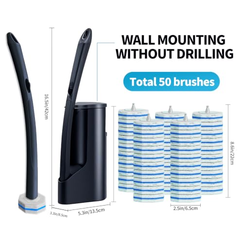Disposable Toilet Brush with 50 Cleaner Refills Pads，Wall Mounted Toilet Bowl Holder Set，Toilet Cleaning System Starter Kit，Bathroom Cleaning System for Sink Bathtub Wash Basin