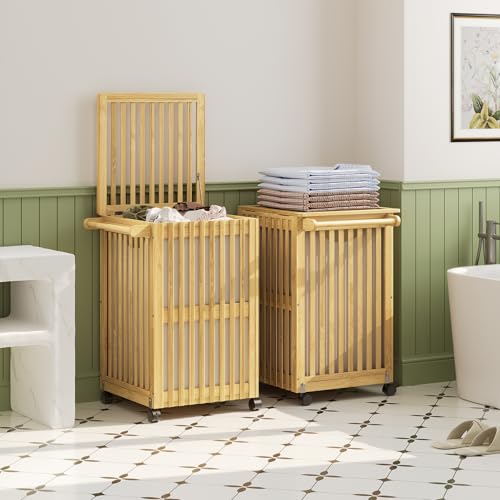 HOOBRO Laundry Hamper with Lid and Wheels, 120 L (31Gal) Double Laundry Basket, Bamboo Clothes Hamper with Handles and Removable Liner, for Laundry Room, Bathroom, Bedroom, Natural YL60XY01