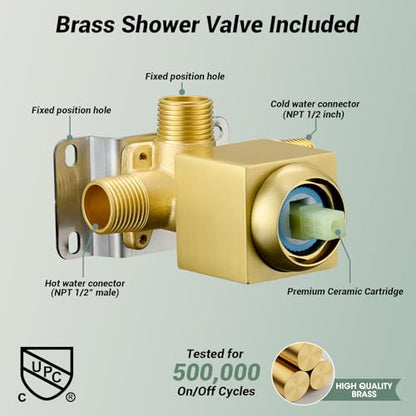 Shower Faucet Set with Valve, 8 Inch Square Rain Shower Head, Brushed Gold | SUS304 Stainless Steel, Brass Rough-in Valve, Single Handle, Air Pressure Boost, Shower Trim Kit, Male Threads - color: Brushed Gold