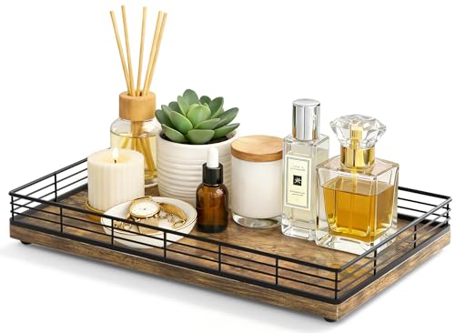 Bathroom Vanity Tray, 13" x 8" Decorative Wooden Tray for Countertop | Large Bathroom Vanity Organizer Wood Tray for Perfume Skincare Accessories Storage, Vanity Dresser Decor Black & Rustic Brown - color: Rustic Brown, size: 13" x 8" x 2"