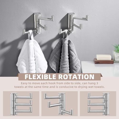 Suyar Swivel Towel Hook Brushed Nickel, Bathroom Robe Holder 3 Arms | SUS304 Stainless Steel Coat Hook, Space-Saving Design Shower Towel Hanger, Wall Mounted, 2 Pack - color: Brushed Nickel, size: 2 Pack