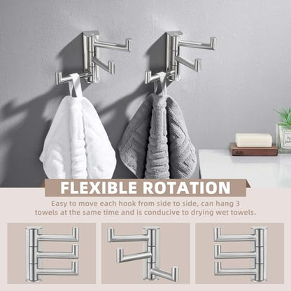 Suyar Swivel Towel Hook Brushed Nickel, Bathroom Robe Holder 3 Arms | SUS304 Stainless Steel Coat Hook, Space-Saving Design Shower Towel Hanger, Wall Mounted, 2 Pack - color: Brushed Nickel, size: 2 Pack
