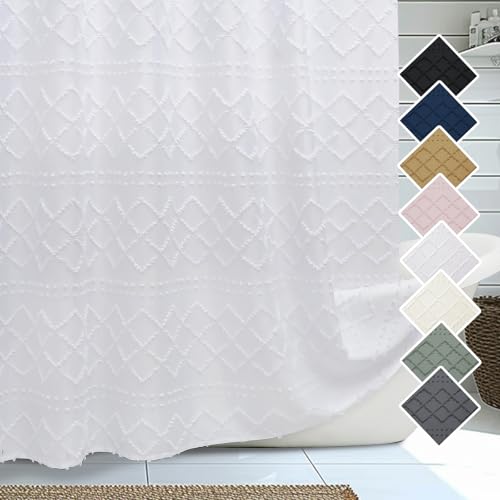 White Boho Shower Curtains 72x84 Inches, Modern Plaid Stripes Cloth Shower Curtain for Bathroom, Chic Tufted Textured Jacquard Shower Curtains, Farmhouse Fabric Shower Curtains - color: White, size: 72"W x 84"L (Pack of 1)