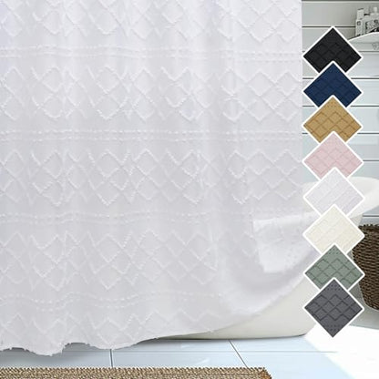 White Boho Shower Curtains 72x84 Inches, Modern Plaid Stripes Cloth Shower Curtain for Bathroom, Chic Tufted Textured Jacquard Shower Curtains, Farmhouse Fabric Shower Curtains - color: White, size: 72"W x 84"L (Pack of 1)