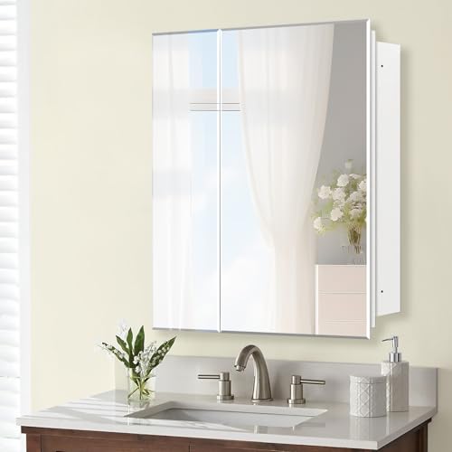 Bathroom Medicine Cabinet with 30x26 in Rectangular Beveled Frameless Mirror,Double Door Wall Mounted Mirror Cabinet for Bathroom Toilet Kitchen,Recess or Surface Mount - size: FMG-CM7005-3026