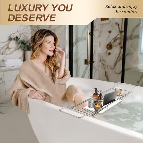 Bathtub Tray Stainless Steel with Marble Base Chrome Bathtub Tray with White Marble Base Adjustable & Rustproof Bath Caddy for Spa, Relaxation, Bath Bombs - color: Chrome
