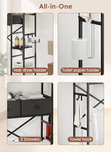 Over The Toilet Storage with 2 Drawers - 7 Tier Bathroom Organizer with Adjustable Shelf, Freestanding Space Saver Storage Rack Above Toilet Stand with Hooks for Small Restroom, Laundry(Black) - size: 7 Tier-Black