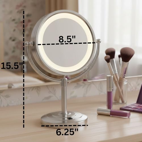 JERDON Lighted Makeup Mirror with 5X Magnification - Nickel - HL745NC | Two-Sided 1X View, 8.5" Diameter, 15.5" Tall, Halo Lighting - color: Nickel