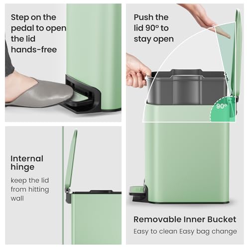 Cesun Small Bathroom Trash Can with Lid, 1.6 Gal, Soft Close, Sage Green | Step pedal soft close, Slim 5.9in fits narrow spaces, Stainless steel, Anti-fingerprint, Removable inner bucket, Odor seal - color: Sage Green