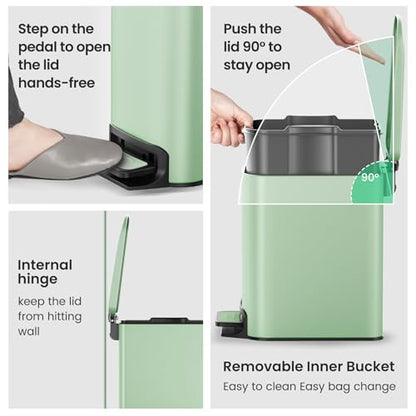 Cesun Small Bathroom Trash Can with Lid, 1.6 Gal, Soft Close, Sage Green | Step pedal soft close, Slim 5.9in fits narrow spaces, Stainless steel, Anti-fingerprint, Removable inner bucket, Odor seal - color: Sage Green