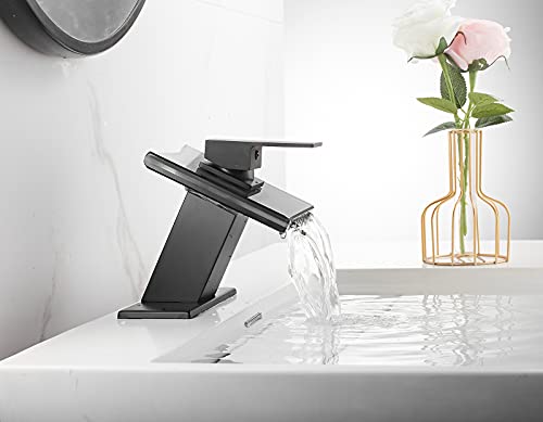 Black Bathroom Faucet Waterfall Spout and Single Handle Wide Glass Spout 1 Hole Faucet for Bathroom Sink Modern Bath Basin Faucet Lavatory Vanity | Bathroom Sink Modern Bath Basin Faucet Lavatory Vanity - color: Black, style: No Led light