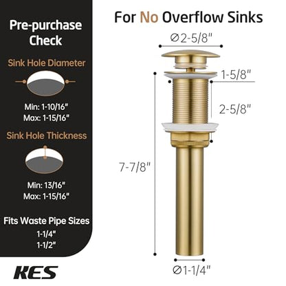KES Sink Drain Without Overflow Bathroom Pop Up Drain Assembly Stopper Vessel Sink Brushed Gold for 1.6"-1.9" Sink Hole, All Metal Rustproof Brass and 304 Stainless Steel, S2008D-BZ - color: Brushed Gold, style: NO Overflow, 1 Pack