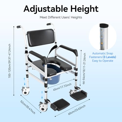 Shower Chair with Wheels, 353LBS Aluminum Alloy Rolling Shower Chair 4 in 1 Foldable Height Adjustable Shower Wheelchair Padded Arms, Back and Large Commode for Seniors
