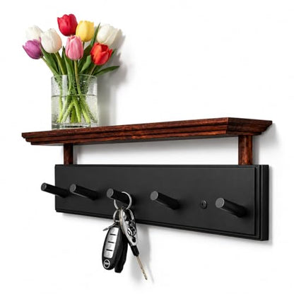 Matías Coat Rack Wall Mount with Shelf, 18 Inch Solid Wood Peg Rail, Wall Mounted Coat Rack with 5 Hooks, Wall Mount Shelf for Entryway, Bathroom or Bedroom (Black and Natural Wood) - color: black and natural wood