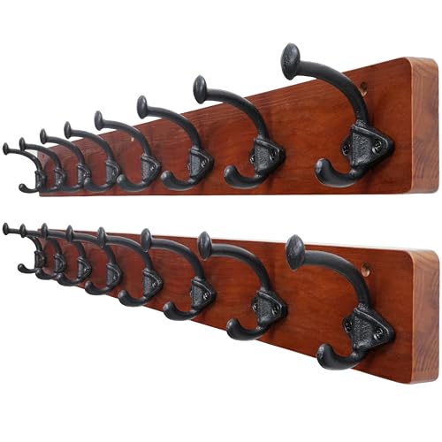 WEBI Rustic Coat Rack Wall Mount,35.43" Long 8 Cast Iron Coat Hooks Wall Mounted,Heavy Duty Farmhouse Wood Coat Hanger Wall Antique Vintage Hooks for Hanging Jacket,Clothes,Backpack,Cherry,2 Packs - color: Cherry, size: 35 Inch(2 Packs)