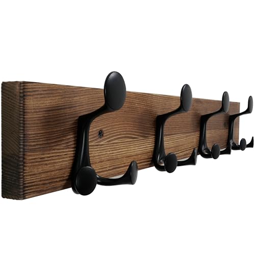 WEBI Coat Rack Wall Mount,24" Solid Wood Coat Hooks Wall Mounted Coat Hanger,16" Hole to Hole,Heavy Duty Hook Rack,4 Triple Hooks for Hanging Coats,Jacket,Hat,Backpack,Farmhouse,Brown - color: Brown, size: 24 Inch