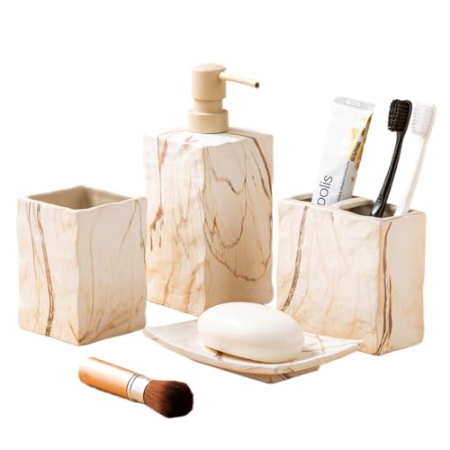 RQYIXI Bathroom Accessories Set 4 Pieces Toothbrush Holder Soap Dispenser Ceramic Bathroom Decor Set Contain Toothbrush Cup Soap Dish Tumbler Marble Brown - color: Brown
