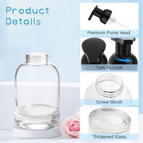 250ml 2 Pack Reusable Glass Foaming Dispenser Bottles Refillable Pump Containers for Shower Gel,Soap & Skincare Solutions