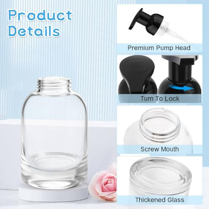 250ml 2 Pack Reusable Glass Foaming Dispenser Bottles Refillable Pump Containers for Shower Gel,Soap & Skincare Solutions