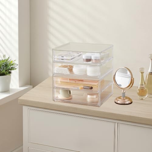 STORi Stackable Desk Drawer Organizer, Clear Pen Pencil Makeup Brush Holder for Desktops and Vanities, 4 Wide Drawers (Made in USA) - style: 7.5"W x 1.5"H Drawers (Set of 4)