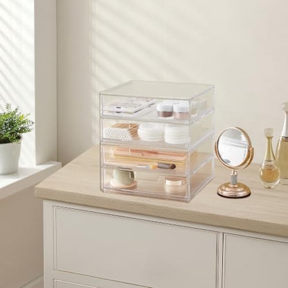 STORi Stackable Desk Drawer Organizer, Clear Pen Pencil Makeup Brush Holder for Desktops and Vanities, 4 Wide Drawers (Made in USA) - style: 7.5"W x 1.5"H Drawers (Set of 4)