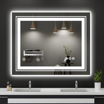 Snowdool 39x31 LED Bathroom Mirror with Front and Backlight, Dimmable Lighted Bathroom Vanity Mirror with Anti-Fog, Memory Function,Tempered Glass(Horizontal/Vertical) | Front and Backlit, Dimmable, Anti-Fog, Tempered Glass - size: 31"L x 39"W