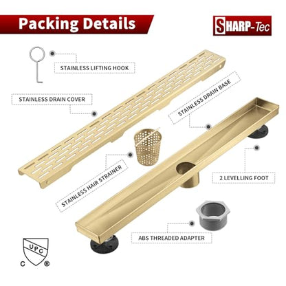 Sharp-tec Shower Drain, 36 inch Linear Shower Drain, Gold 304 Stainless Steel Rectangular Shower Floor Drain with Adjustable Leveling Feet, Hair Strainer, cUPC Certified, ST-096-36G - color: Gold, size: 36 inch