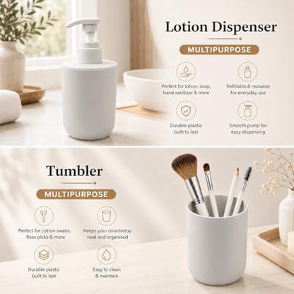 LGURT Light Gray Bath Accessories — 4-Pc Dispenser, Cup, Tumbler & Tray | Plastic, Vanity Tray (7.87"×2.56"), Apartment Dorm Guest Bath, Soap Dish, Gift - color: Light Gray