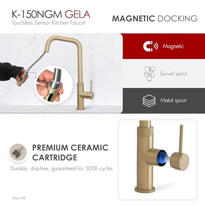 Stylish Touchless Kitchen Faucet with Pull Down Sprayer Single Lever Handle Dual Function Stainless Steel Kitchen Sink Faucet with Ceramic Cartridge and Aerator Brushed Gold Finish, K-150GM - color: Brushed Gold